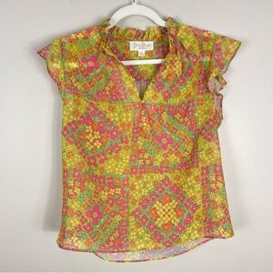 Julie Brown Top Womens 2 Blouse Neon Floral Ruffle Neckline Short Sleeve Green